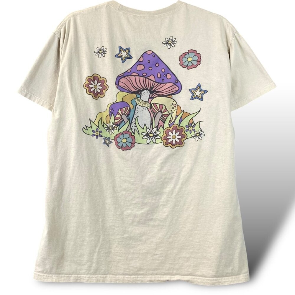 Bowery Supply Co. Magic Mushroom Graphic T-Shirt Unisex Sz L Double-Sided Tan